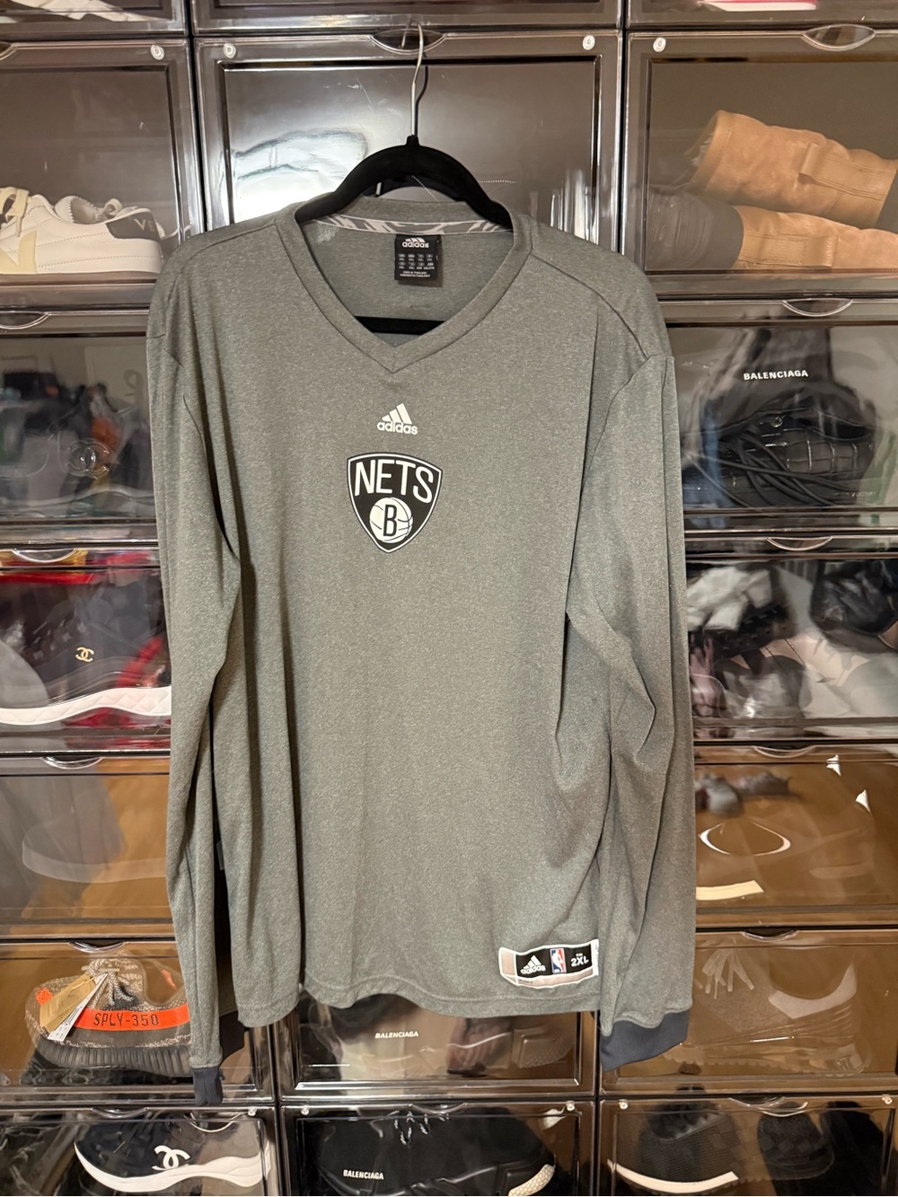 adidas Gray Brooklyn Nets Long Sleeve V-Neck Pullover